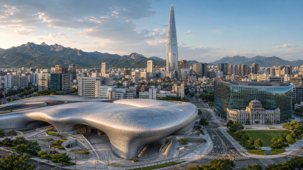 Modern architecture in Seoul with DDP and Lotte World Tower