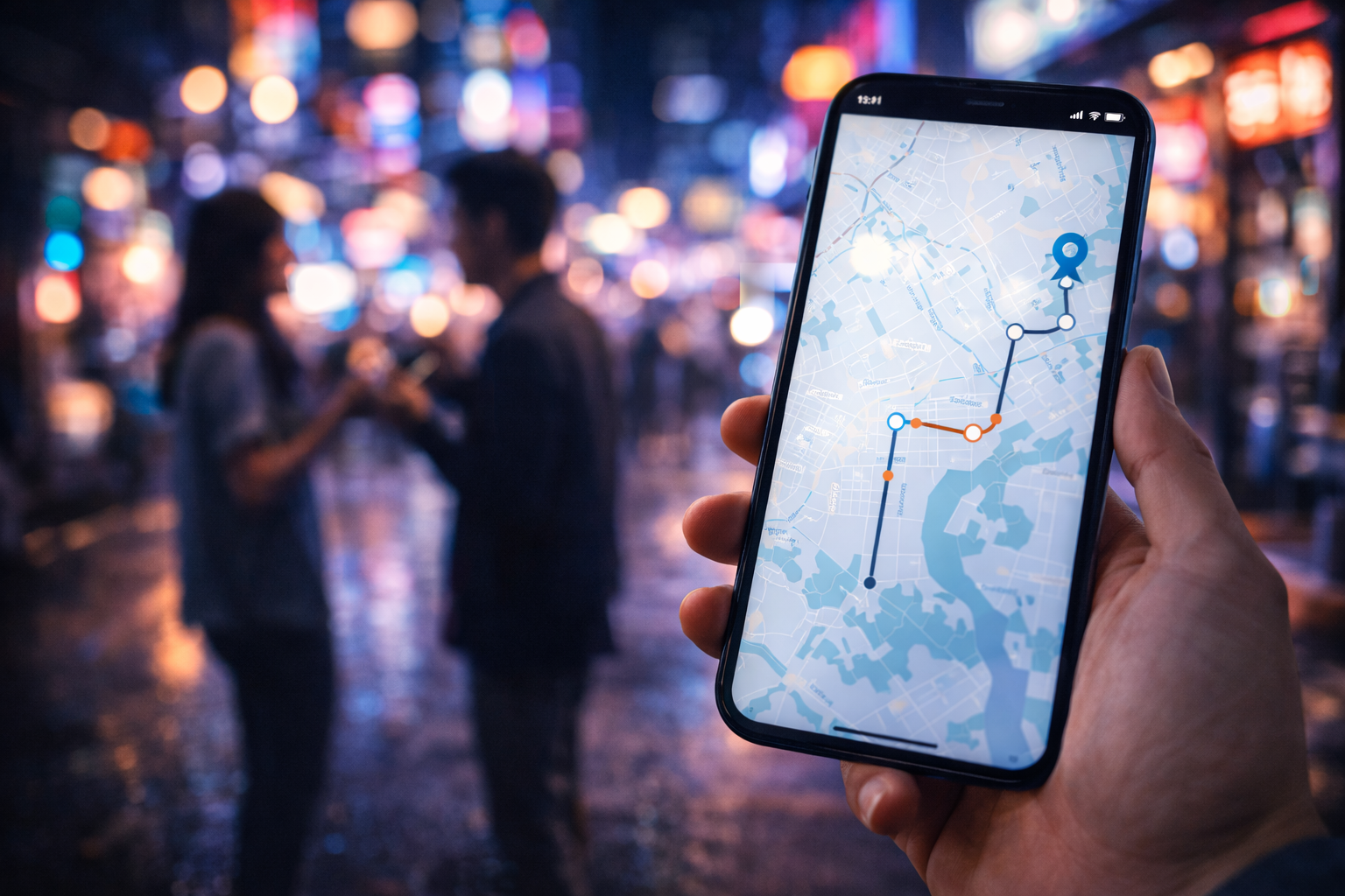 Night planning moment with a map and neon street blur.