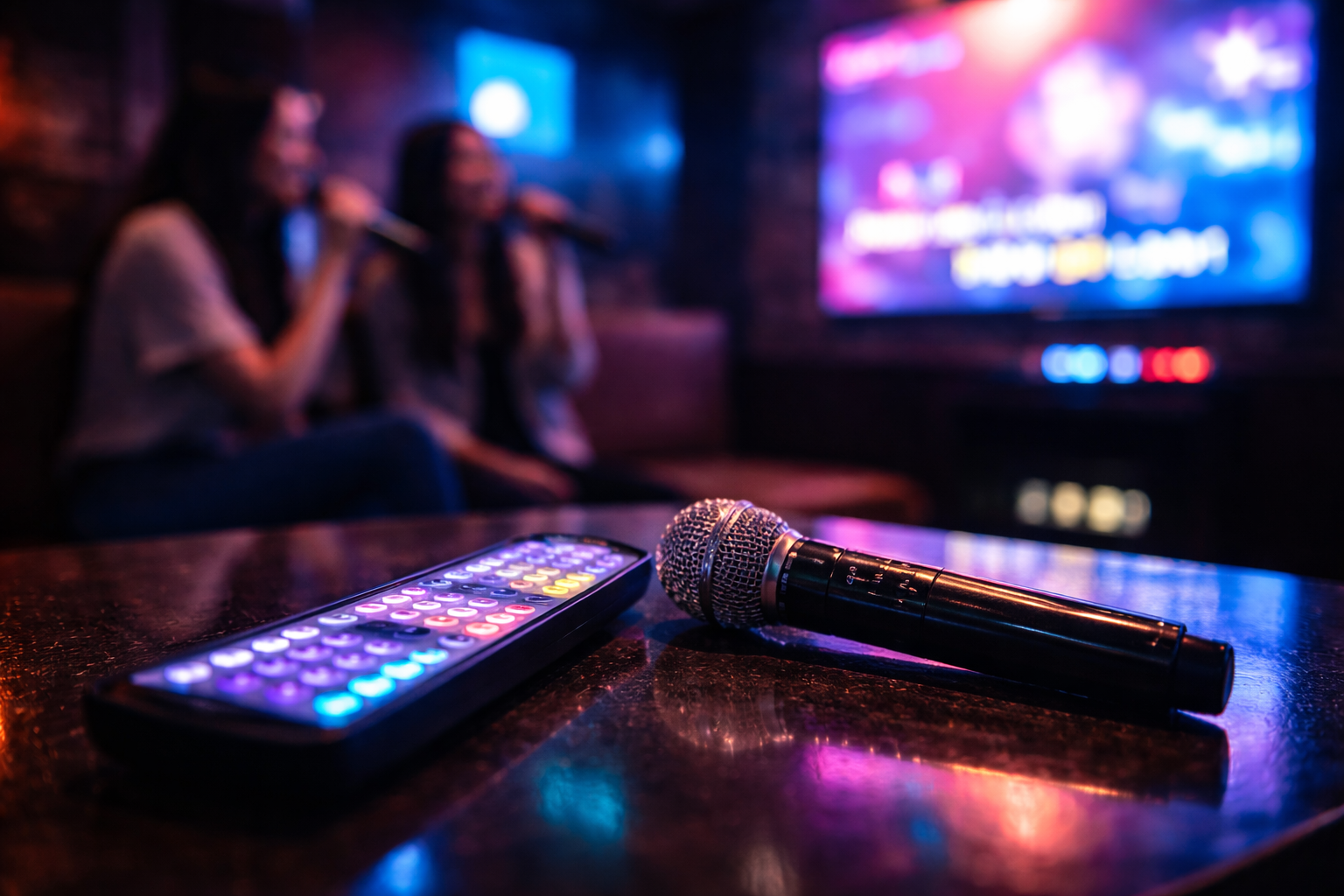 Karaoke microphone and neon-lit room ambiance in Seoul.