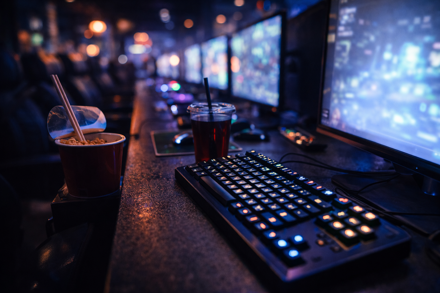 PC bang gaming station close-up with ambient glow.