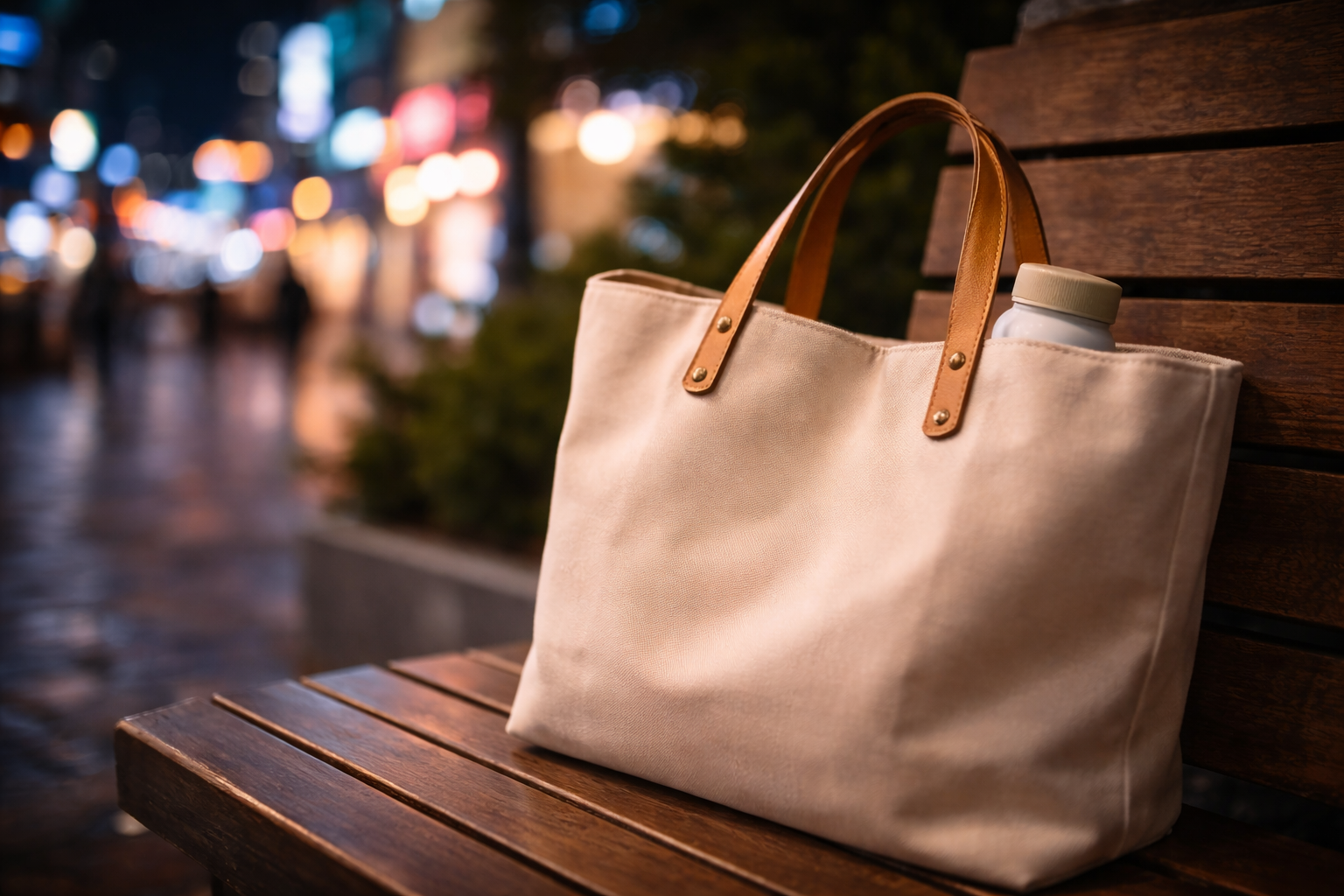 A calm end-of-day Seoul shopping moment with neon bokeh behind.