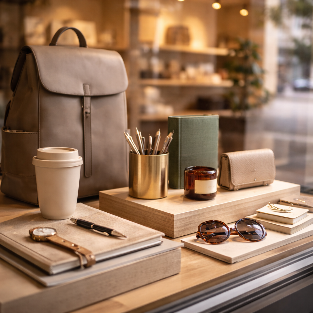Minimalist Seoul concept-store window with curated objects in soft daylight.