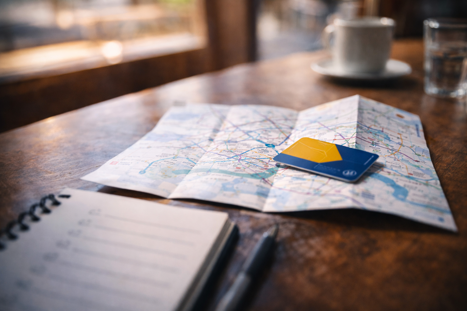 Seoul shopping guide: A calm café planning moment with map and transit card.