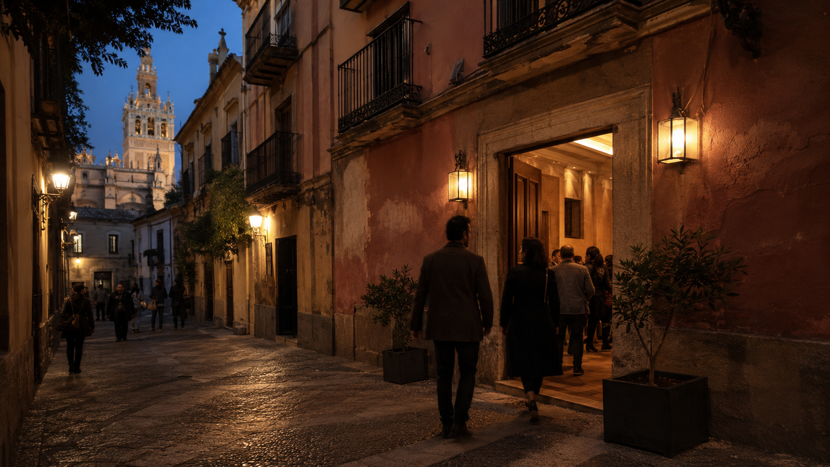 Small flamenco venue on a historic street in Seville at dusk.