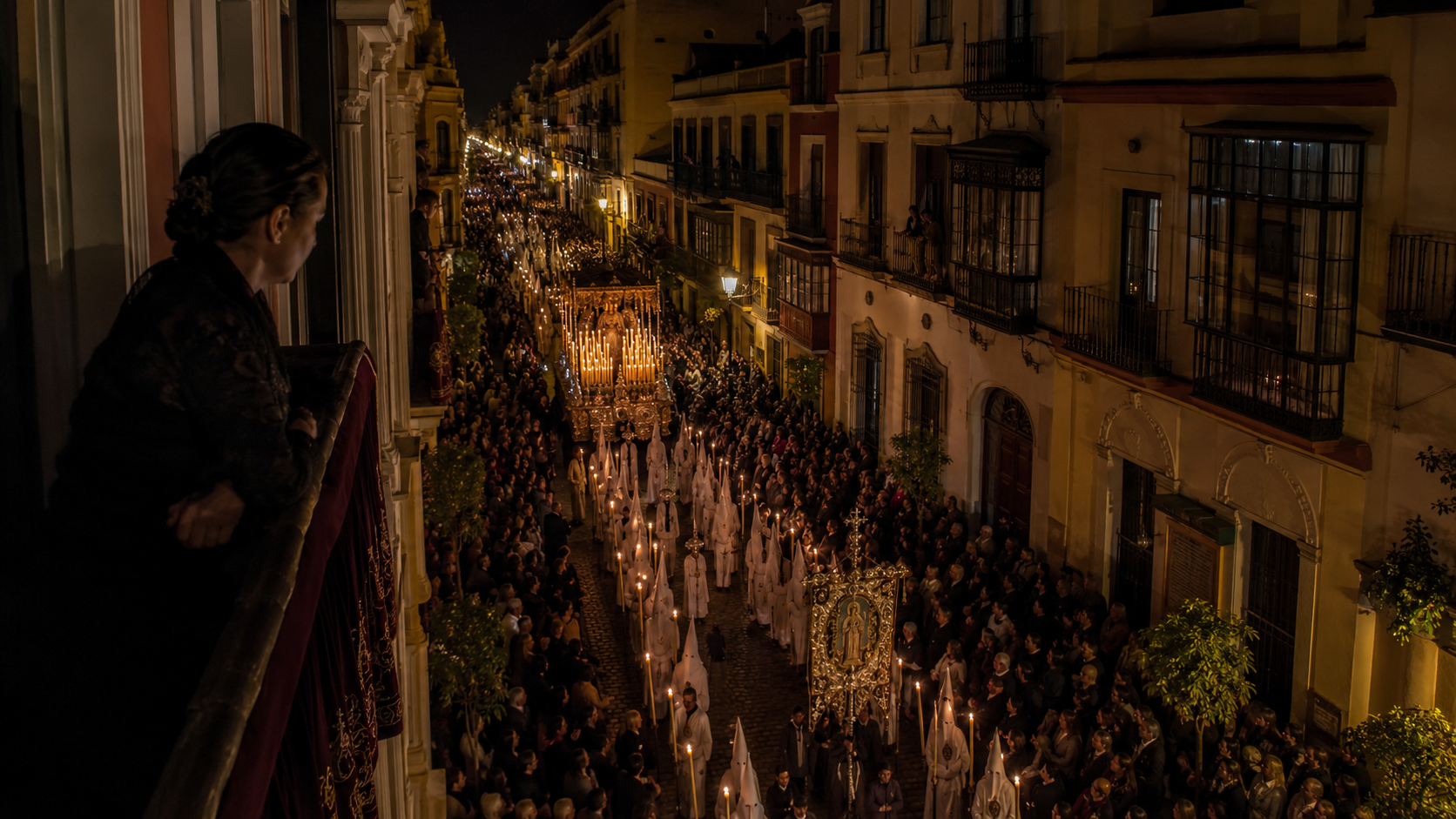 View from a Seville balcony over a Semana Santa procession.