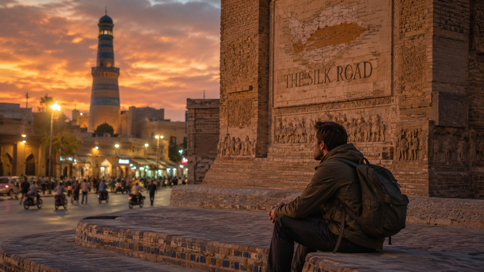 Traveler sitting near a Silk Road monument at dusk with city movement behind.