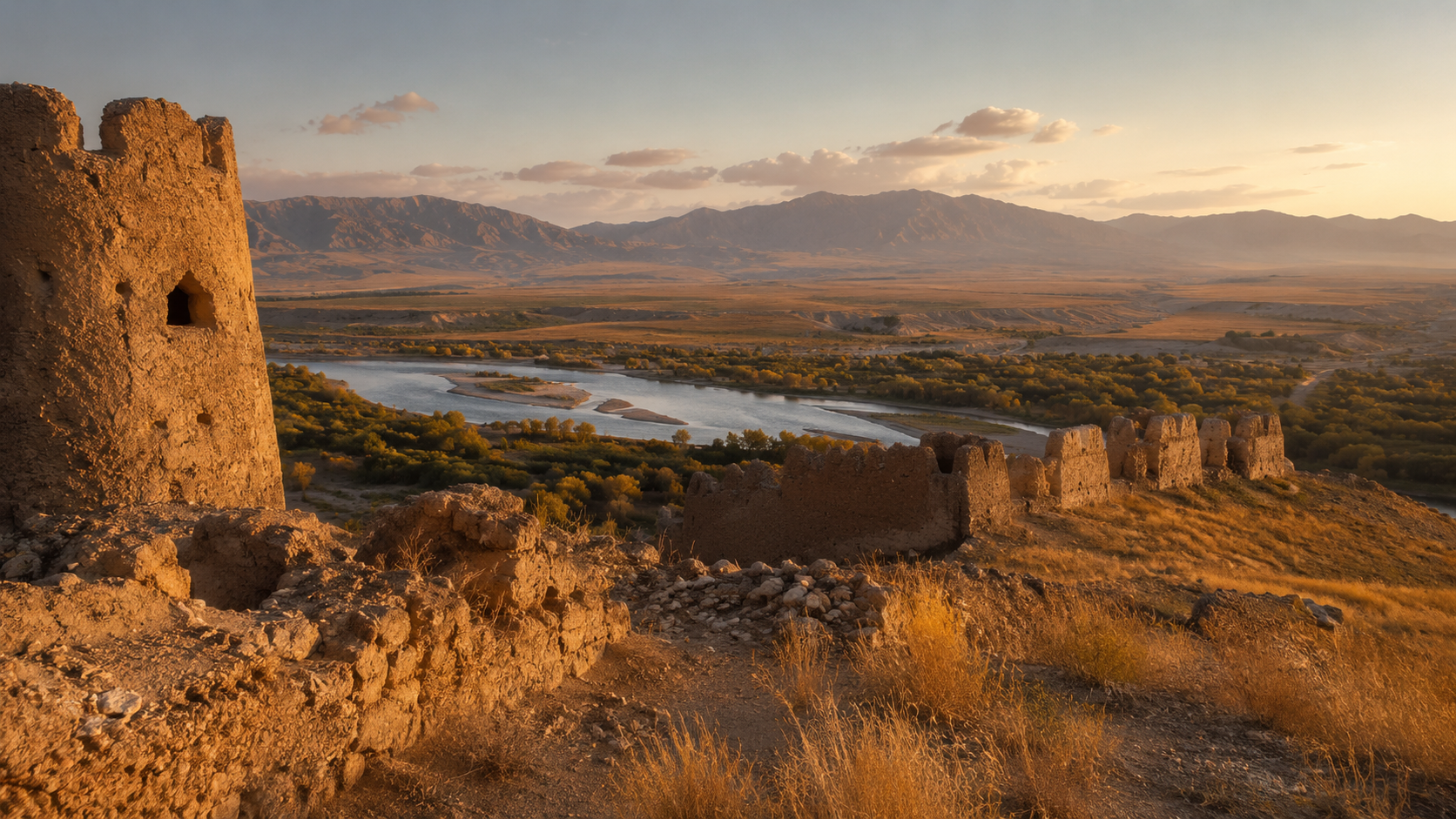 Silk Road heritage site on the Kazakhstan steppe with old walls and distant mountains.