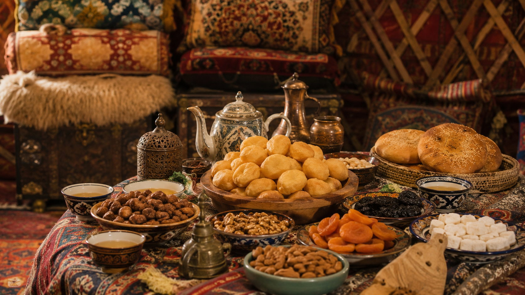 Silk Road-inspired Kazakh table with baursak, tea, dried fruits, spices, and textiles.