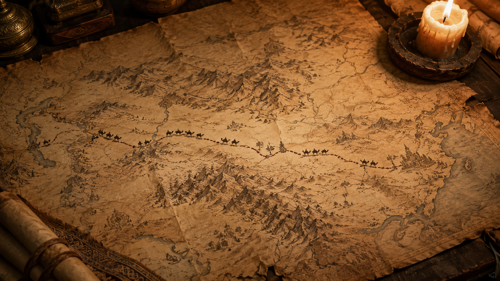 Silk Road cities: Old parchment map showing the Silk Road route between Kazakhstan and China.