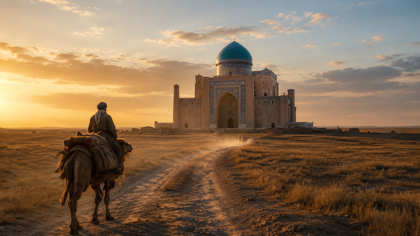 Ancient Silk Road path leading toward a sacred mausoleum across the steppe.