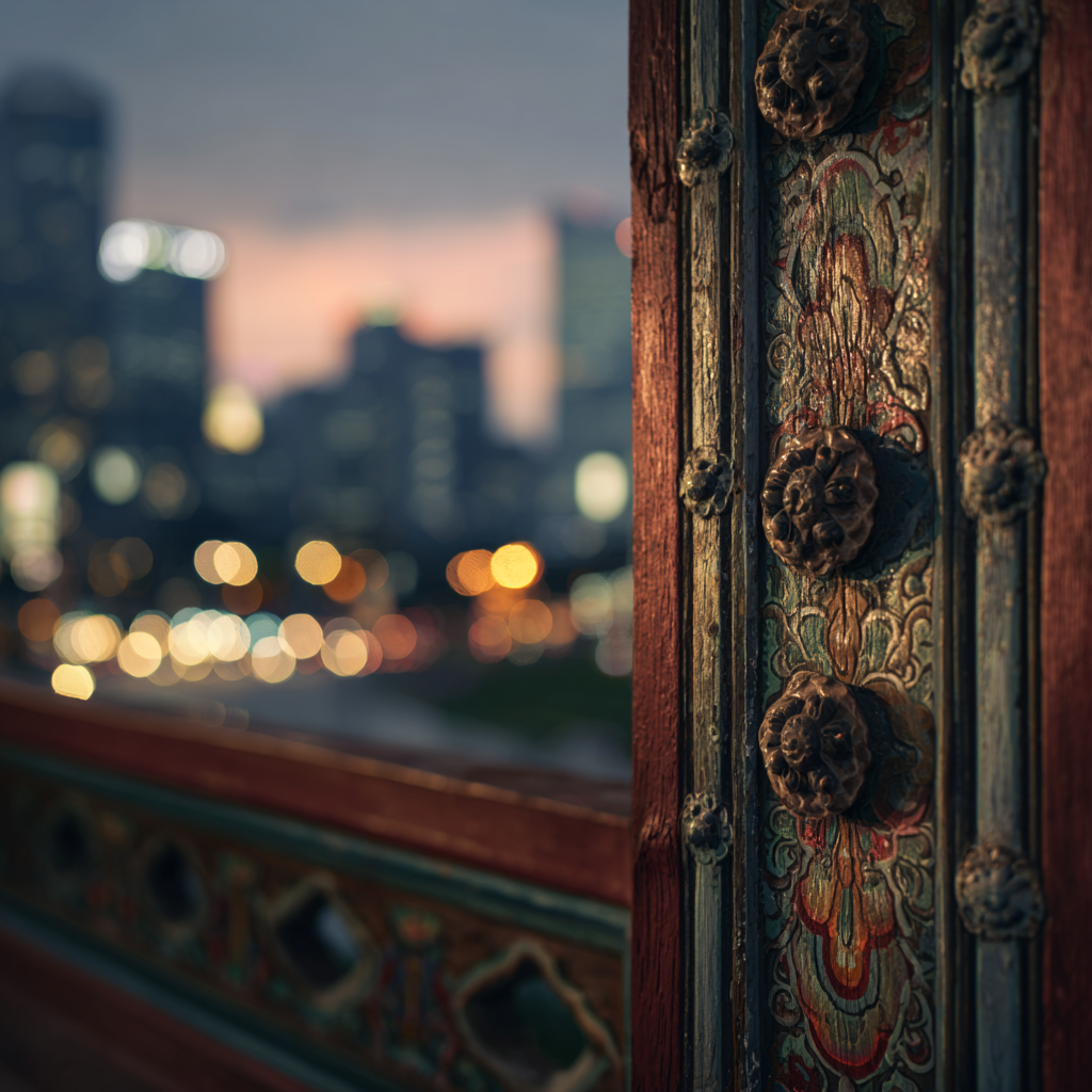 Close-up of a Korean palace gate detail with a blurred modern Seoul skyline.