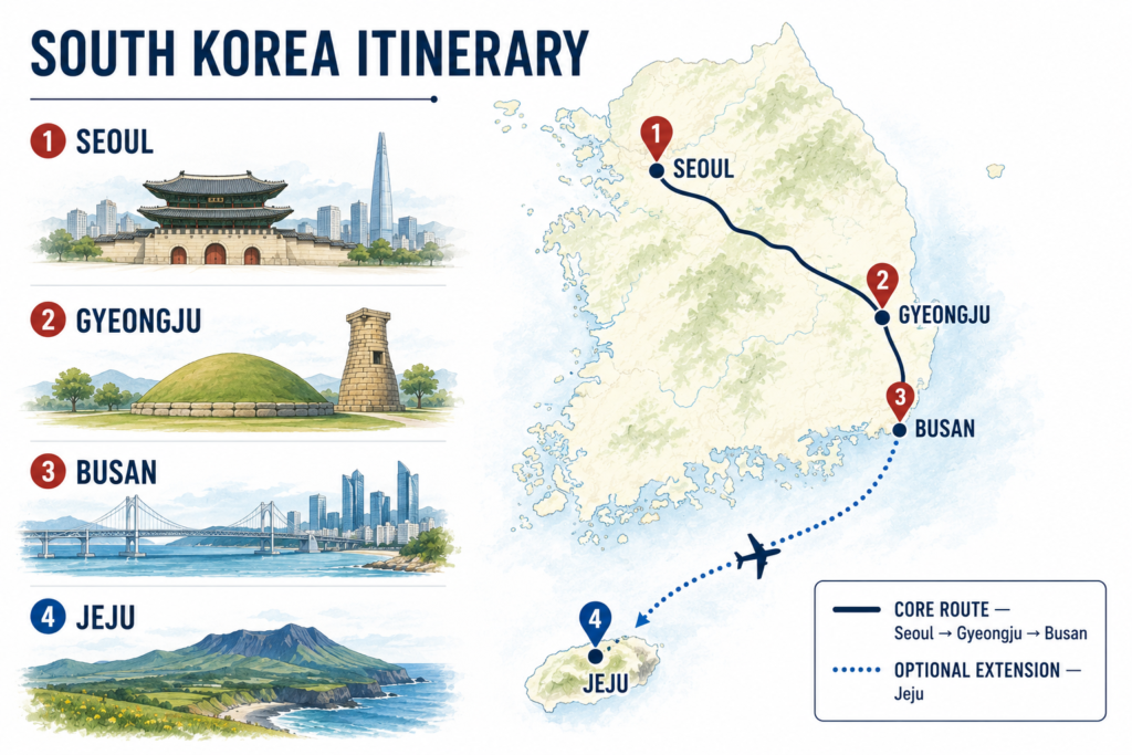 Map of a South Korea itinerary through Seoul, Gyeongju, Busan and Jeju