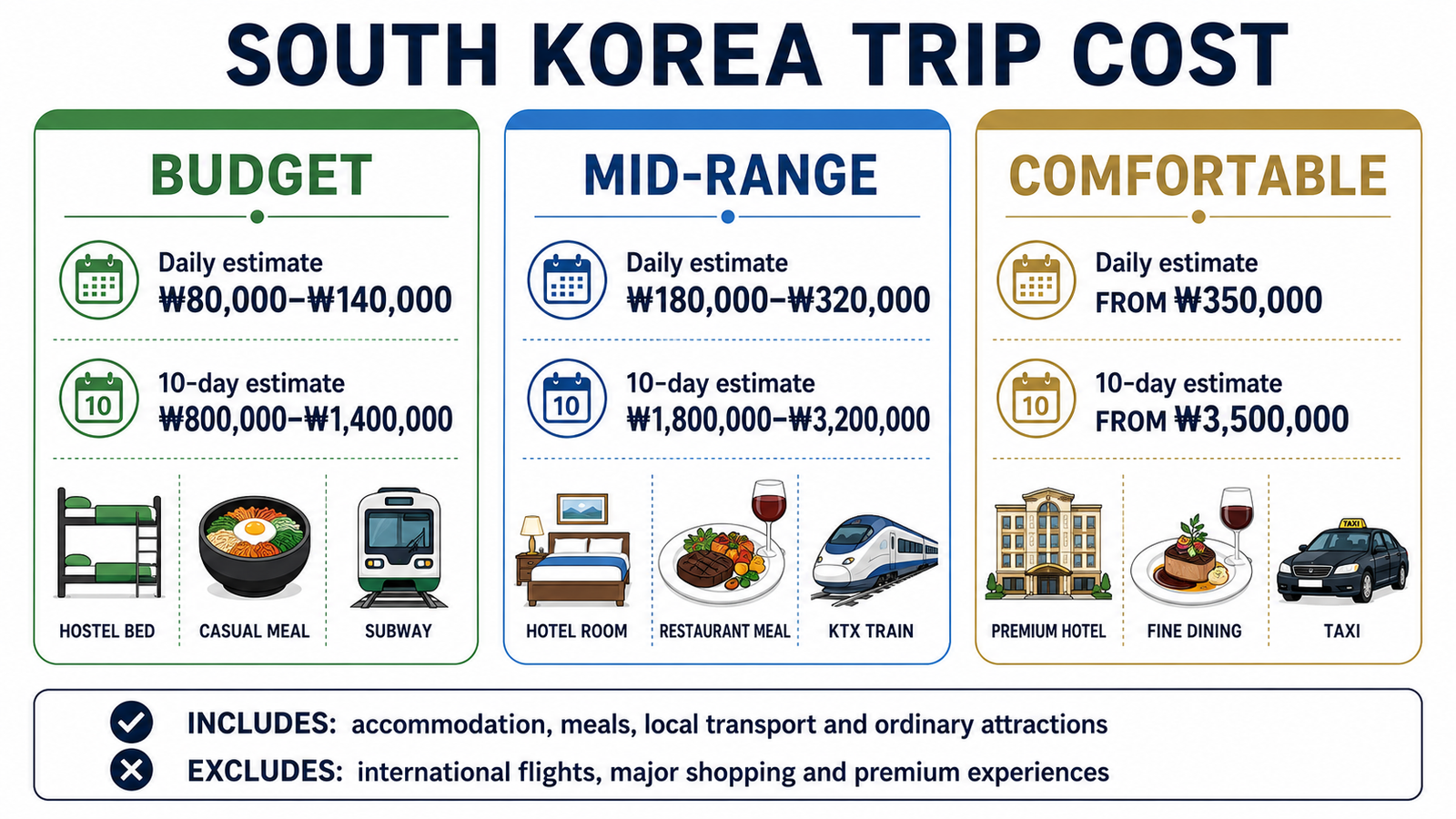 Estimated South Korea trip cost by travel style