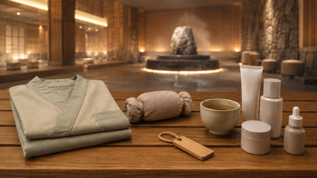 Jjimjilbang clothing, locker key, Korean tea and skincare products arranged for a South Korea wellness experience.