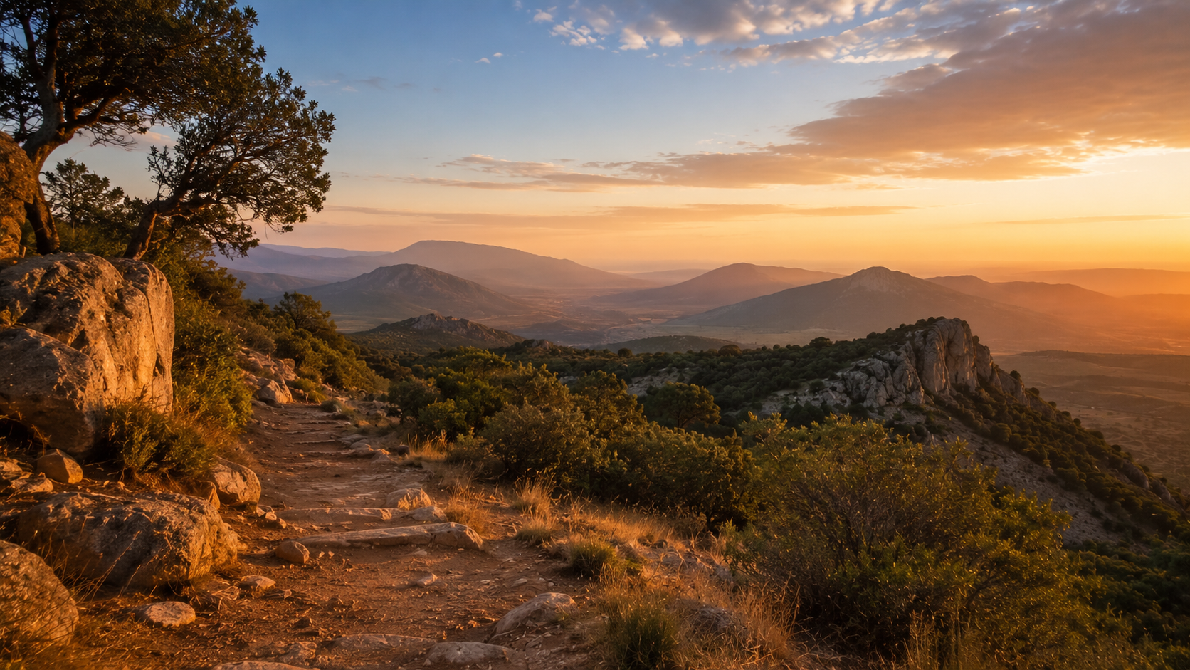 Quiet scenic overlook in Spain at golden hour with layered hills and trail.