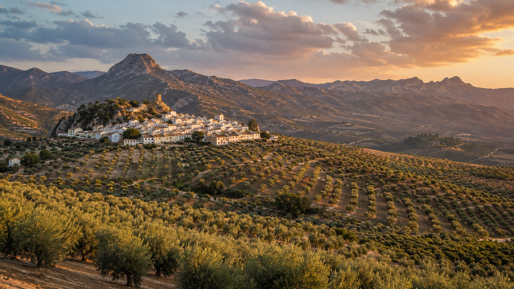 Terraced olive groves and a white village in a Spanish cultural landscape.
