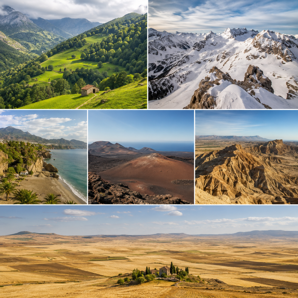 Collage of Spain landscapes including mountains, volcanoes, cliffs, deserts, and plains.