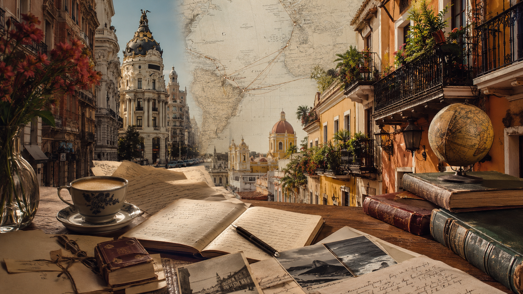 Visual collage connecting Spanish and Latin American literary culture across the Atlantic