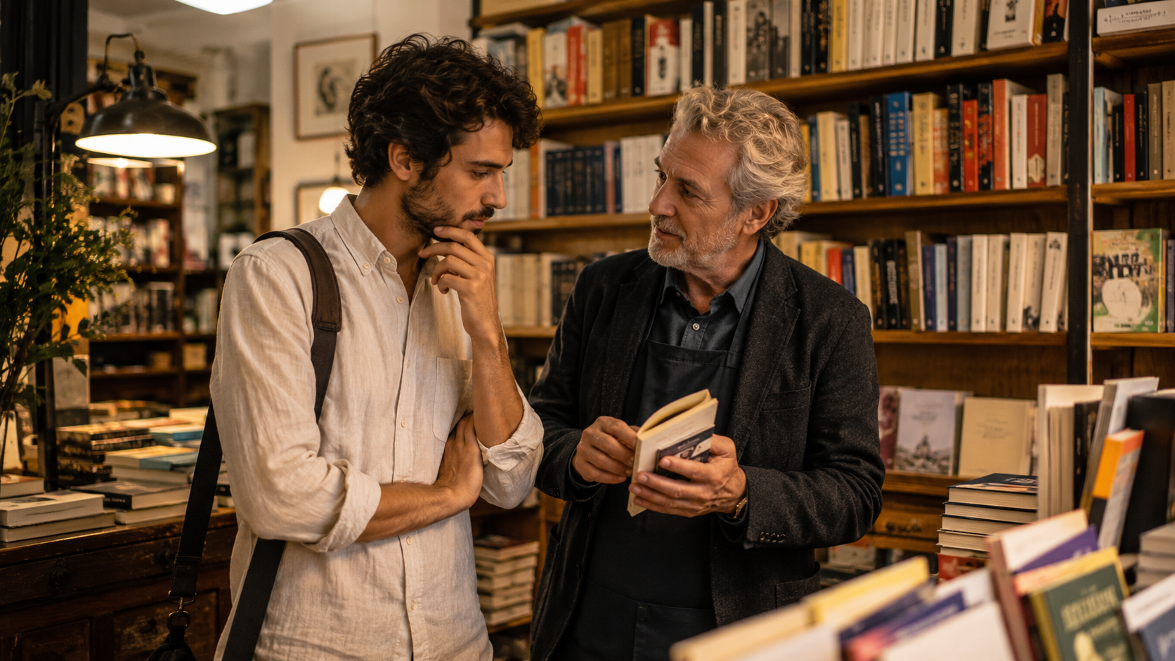 Traveler browsing a Spanish bookstore while an older bookseller recommends a book