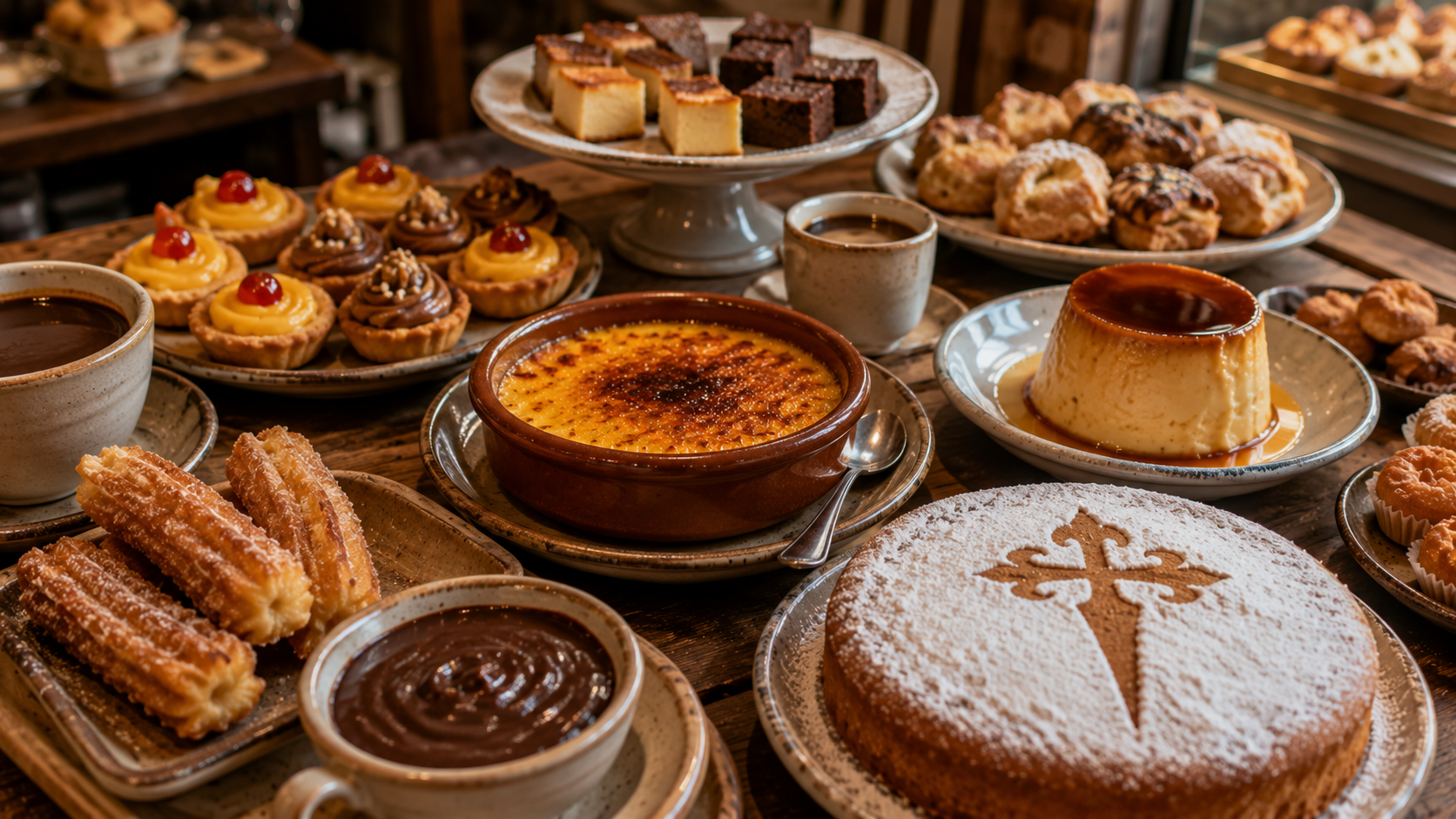 Spanish dessert table with churros, chocolate, crema catalana, tarta de Santiago, flan, and pastries.