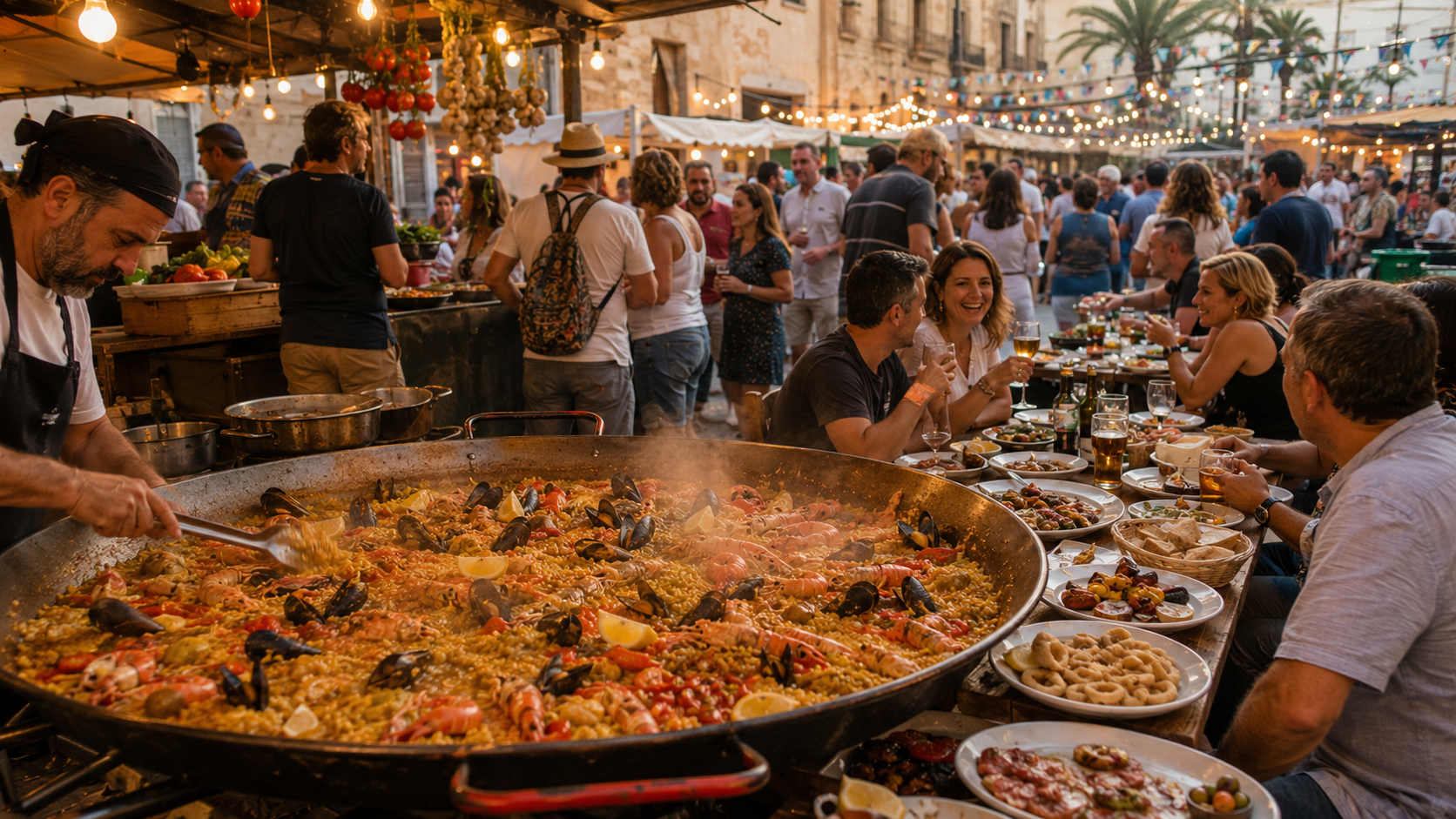Festival food stalls in Spain with paella, tapas, and people gathering.
