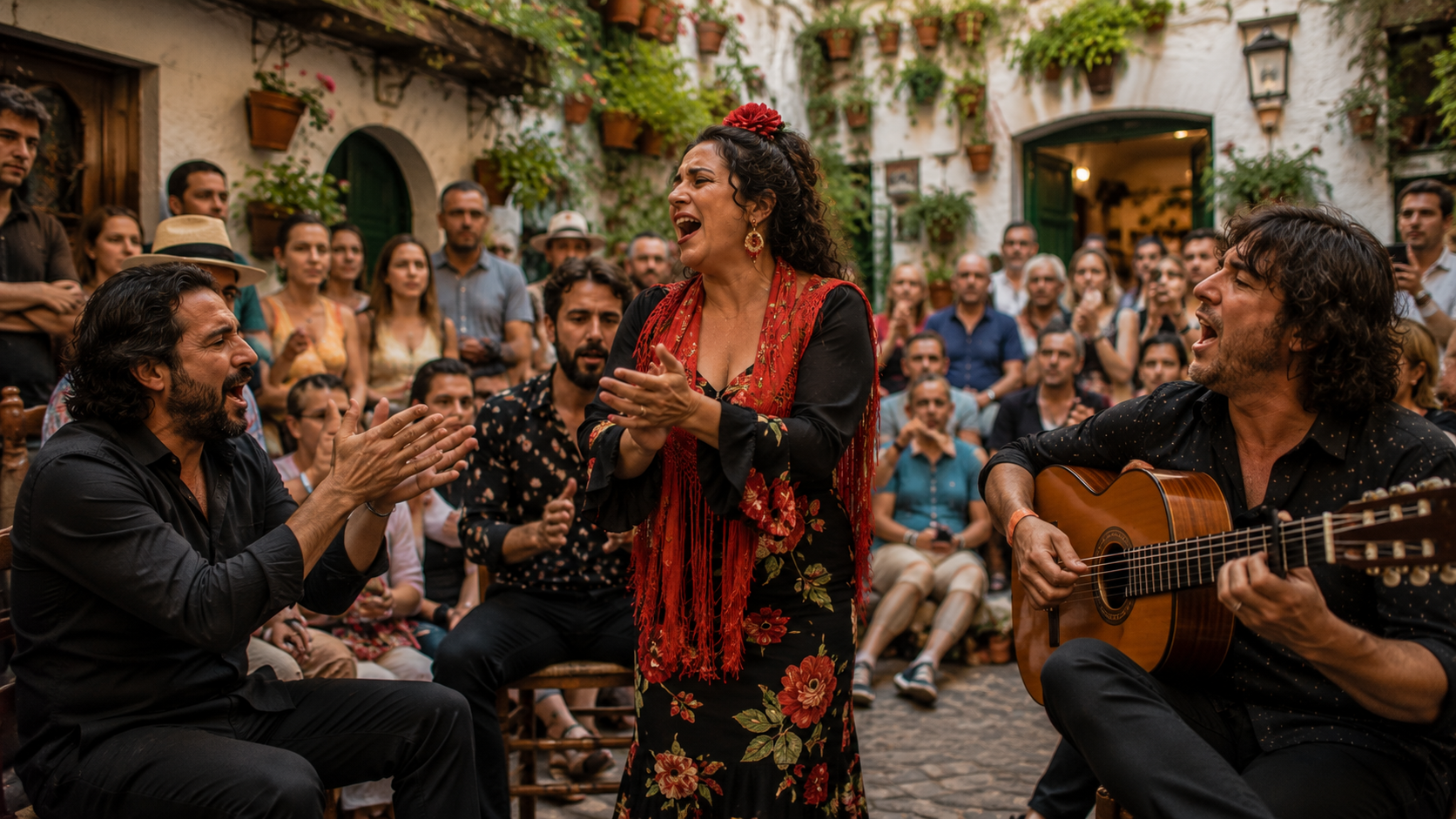 Local singers and musicians performing during a Spanish festival.