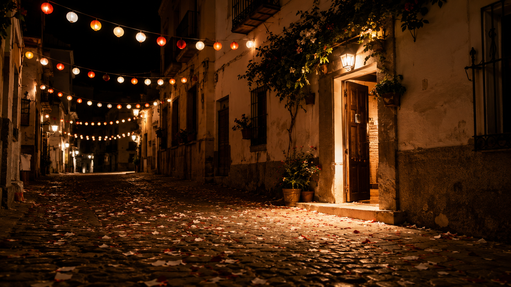 Spanish festival street at night after the celebration with lanterns and warm lights.