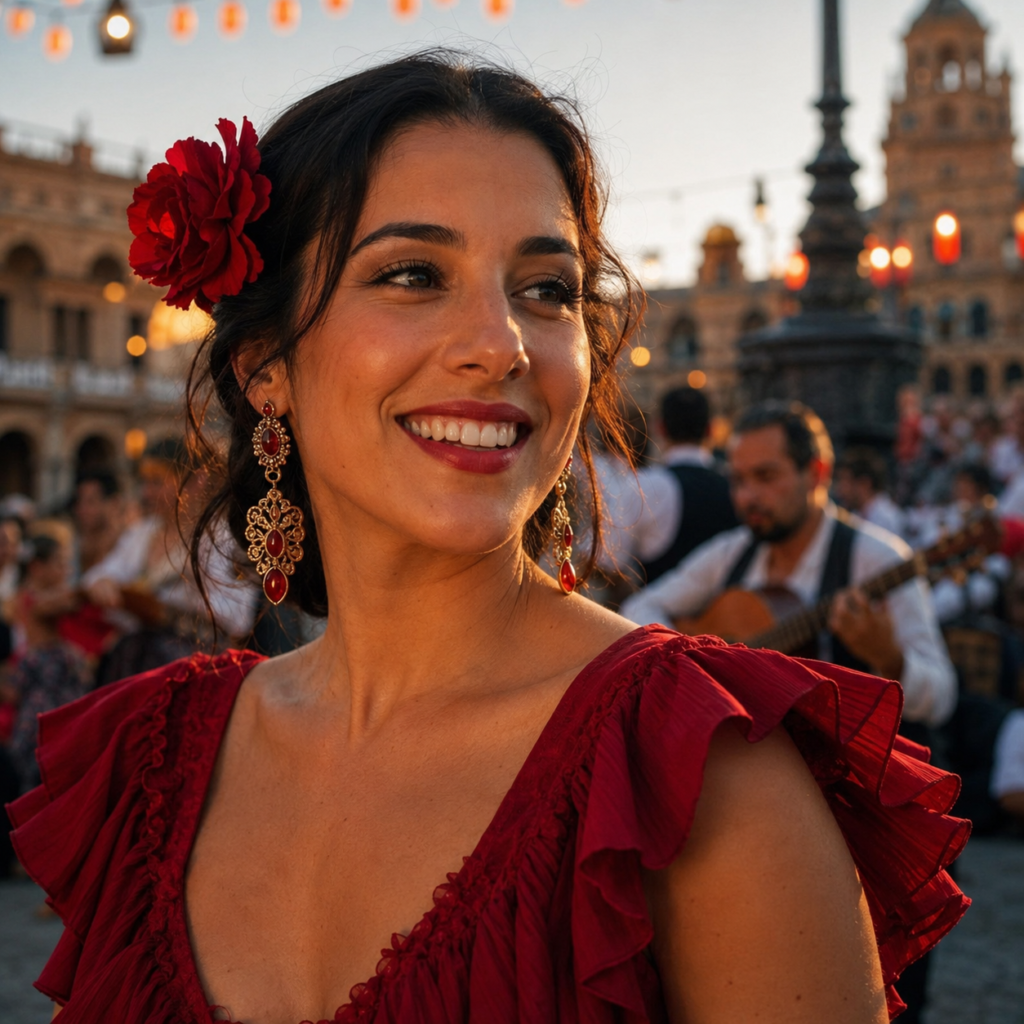 Close portrait of a woman in a red festival dress in a Spanish plaza with musicians and lanterns behind her.