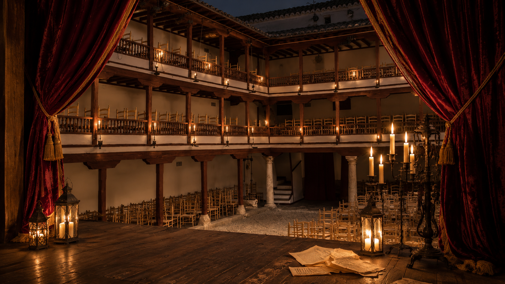 Spanish Golden Age theater with wooden stage, candlelight, script pages, and Baroque interior