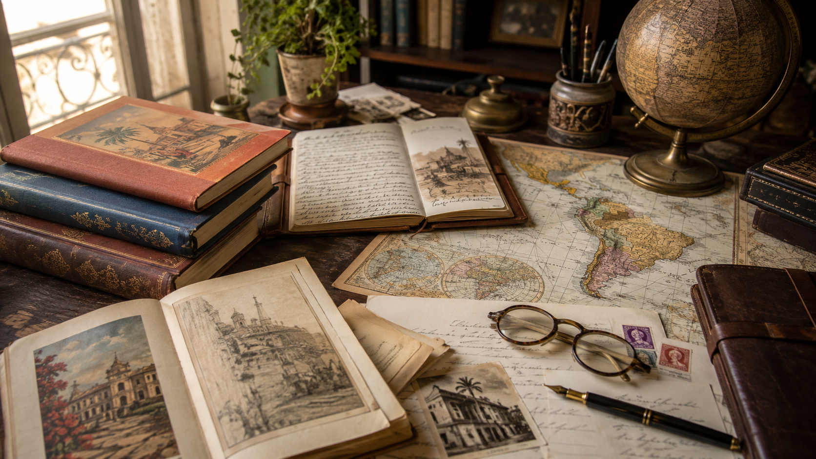 Spanish books, travel journals, letters, and world map showing Spanish-speaking cultures