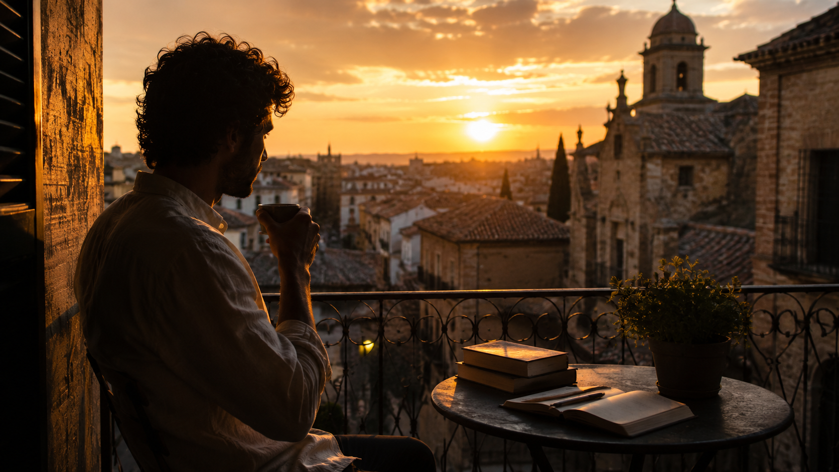 Spanish language and literature: Reader near a balcony at sunset in a Spanish old town with books and notebook