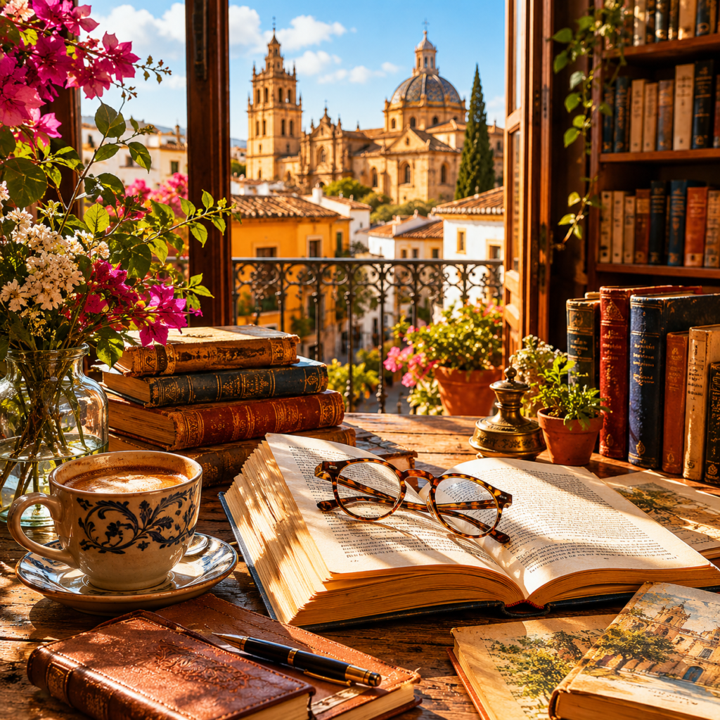 Spanish literary travel scene with books, maps, coffee, and historic architecture