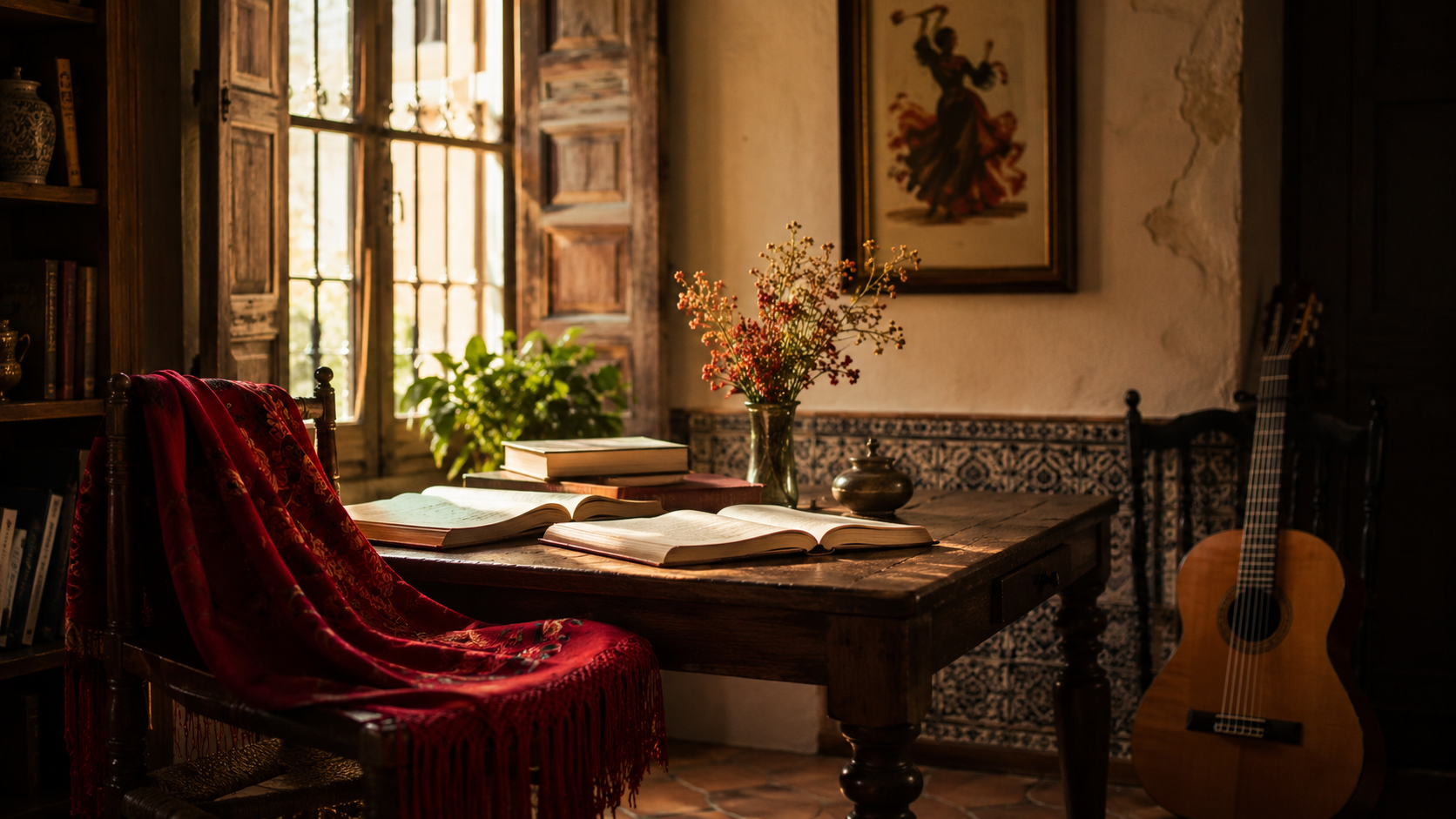 Study room with books, guitar, and shawl connecting flamenco with Spanish literature.