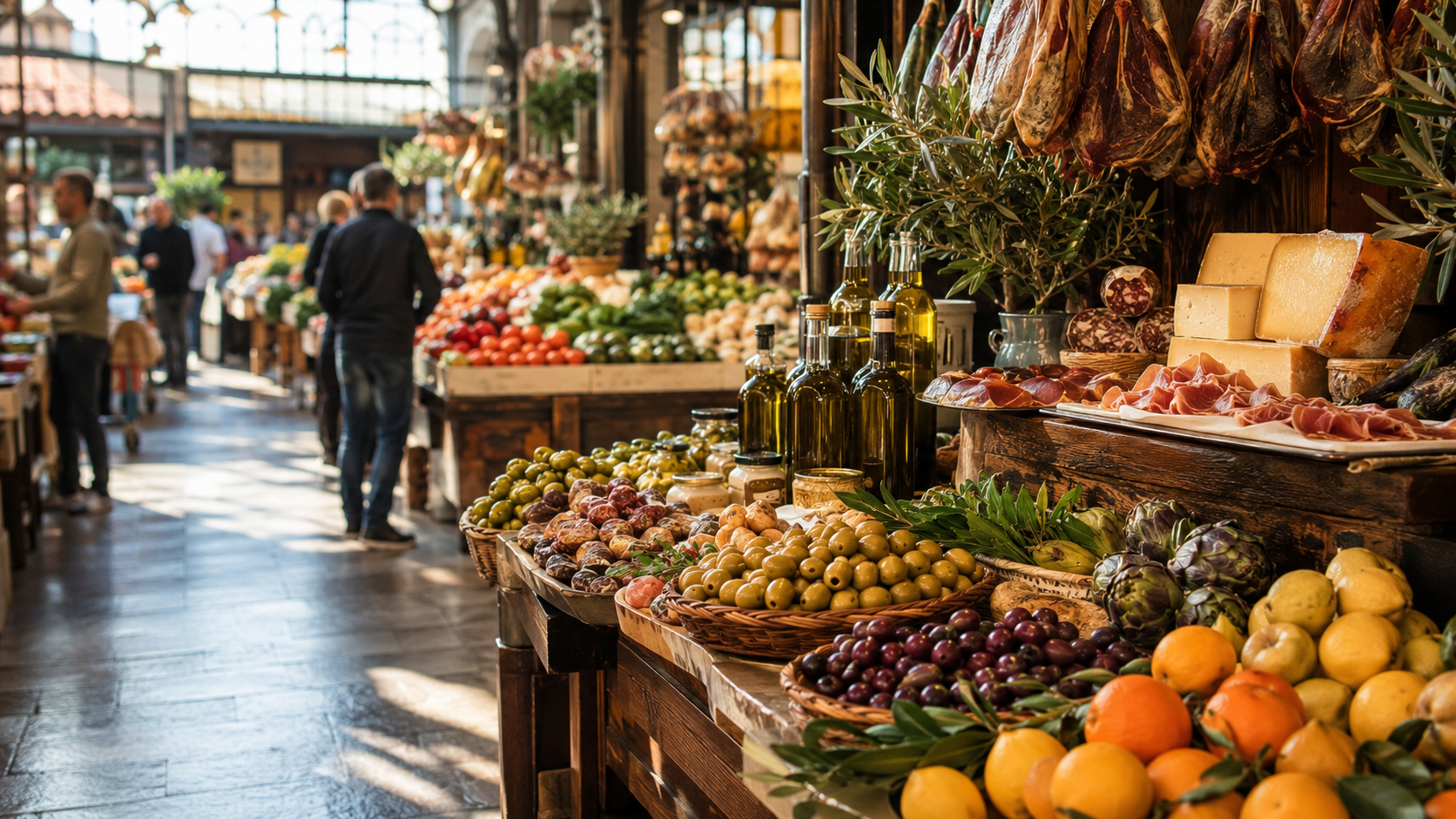 Spanish market with fresh produce, seafood, cured meats, cheese, olives, and citrus.