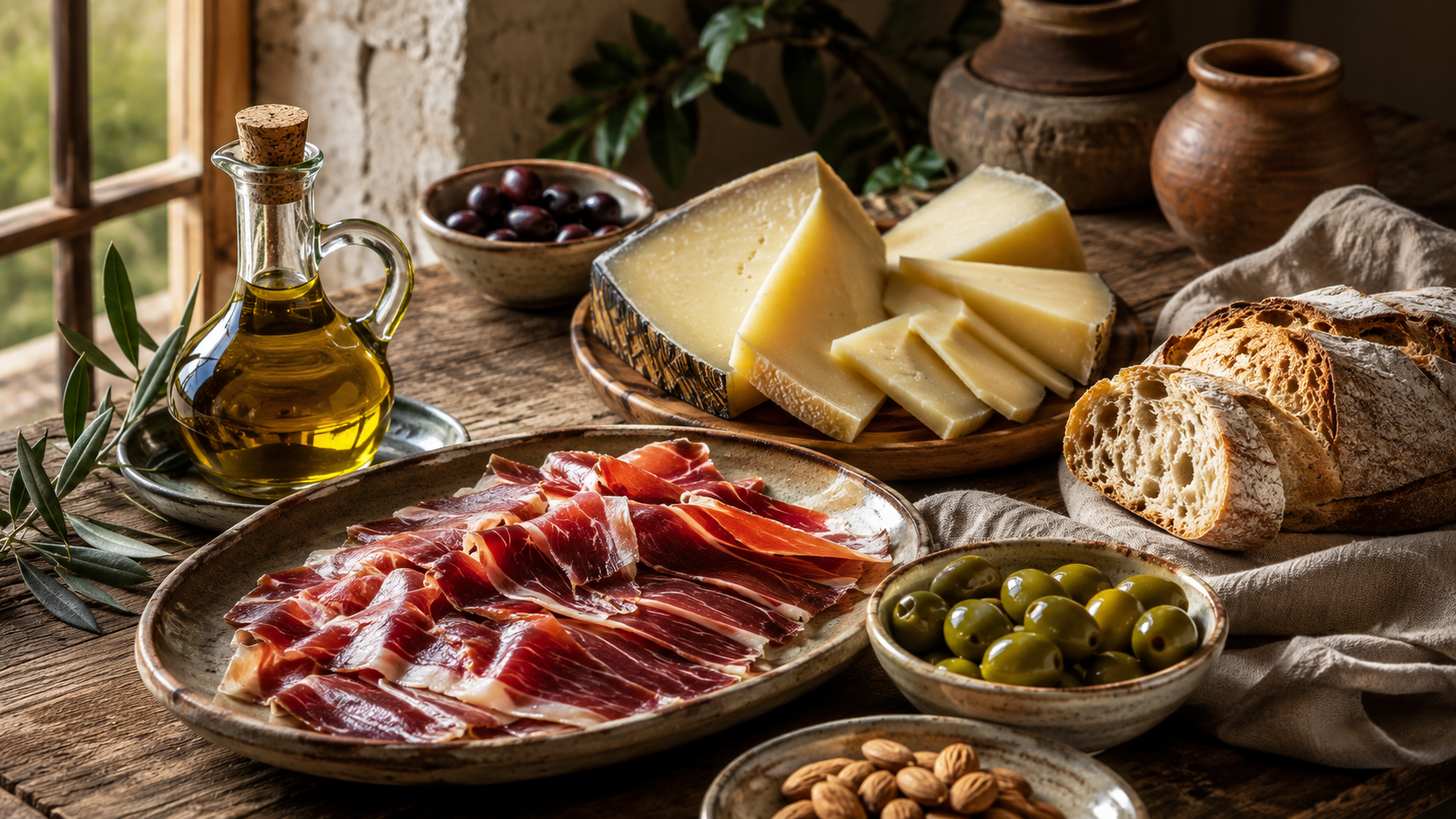 Spanish pantry still life with jamon, Manchego cheese, olive oil, olives, almonds, and bread.