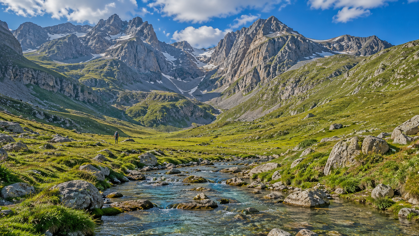 High valley in the Spanish Pyrenees with alpine meadows and mountain peaks.