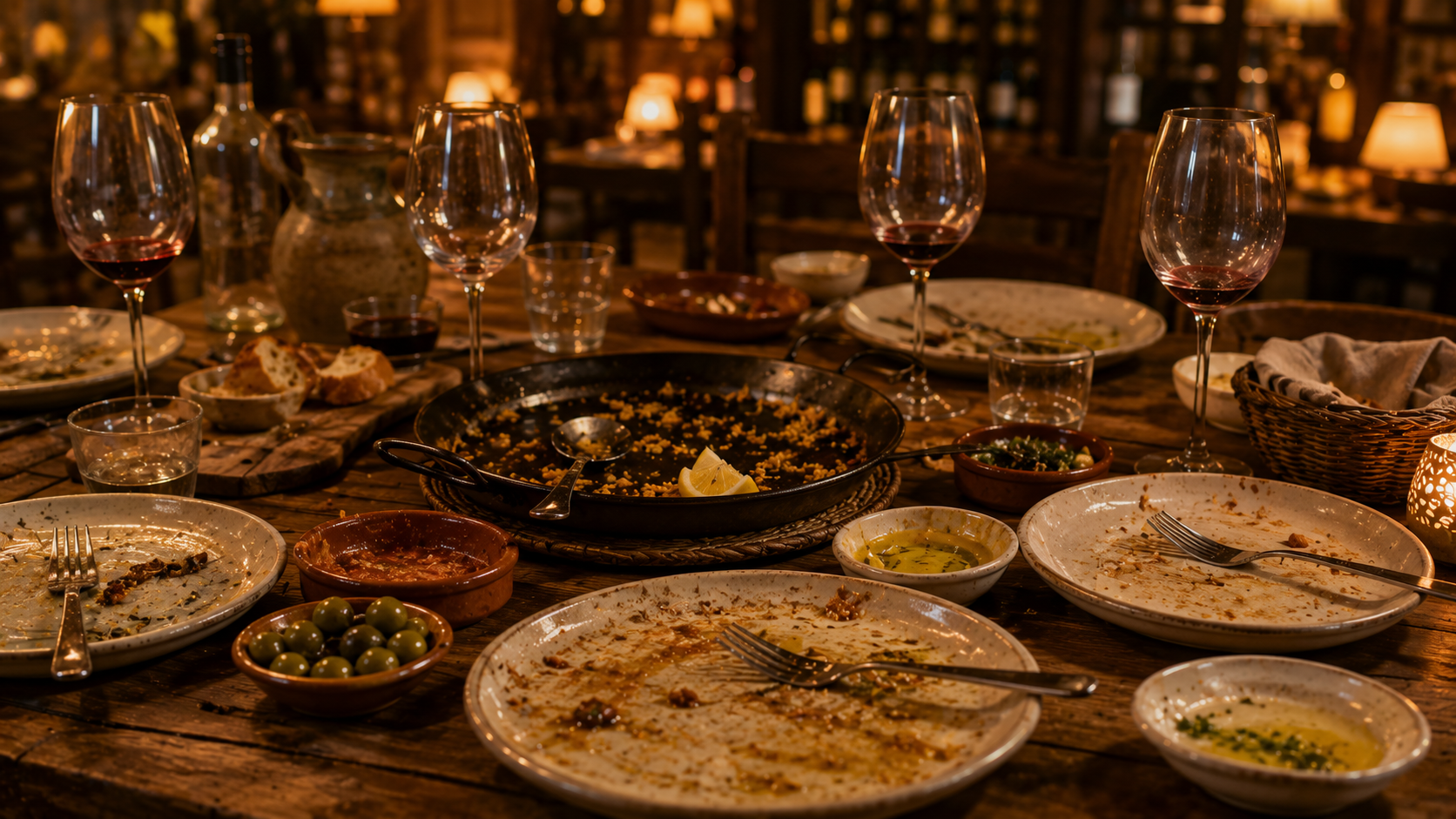 Warm Spanish dinner table after a regional food journey with plates, wine glasses, bread, and olive oil.