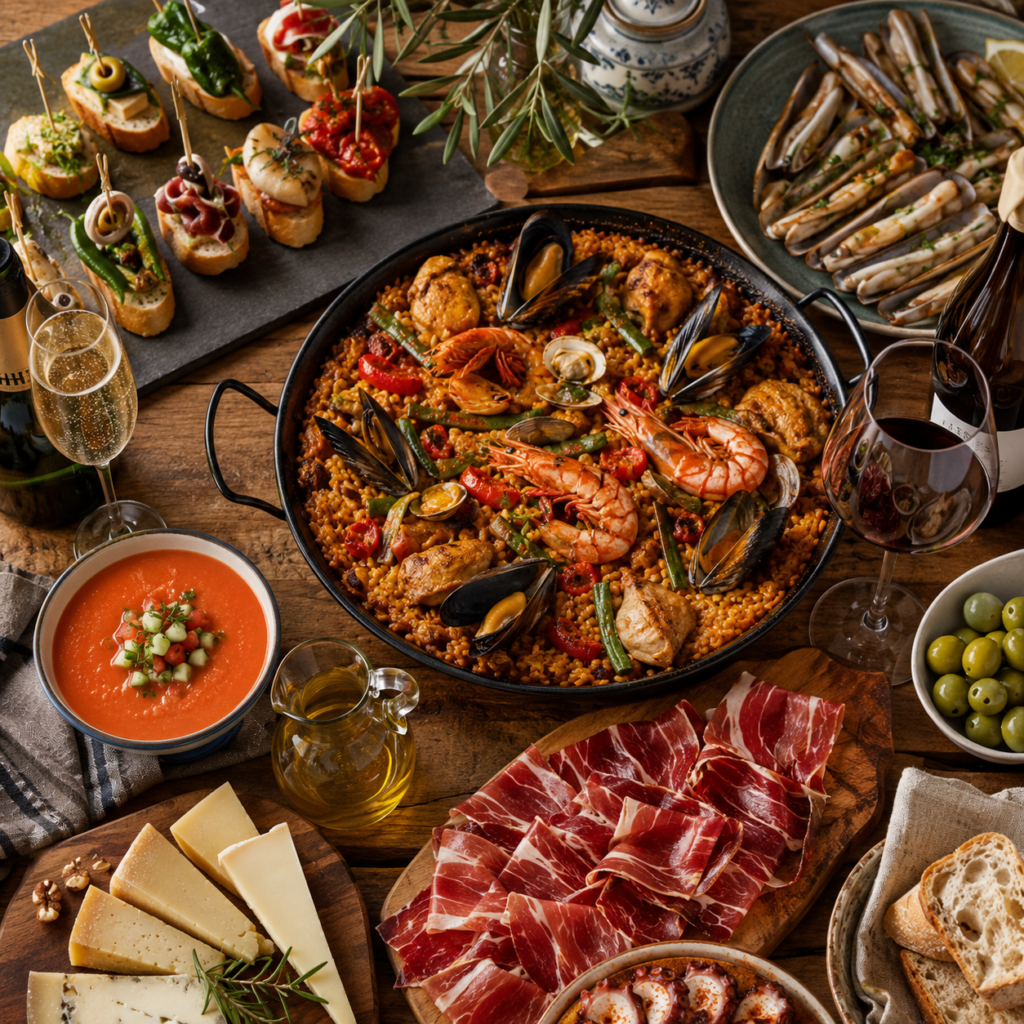 Table with Spanish regional dishes including paella, pintxos, seafood, gazpacho, jamon, cheese, and wine.