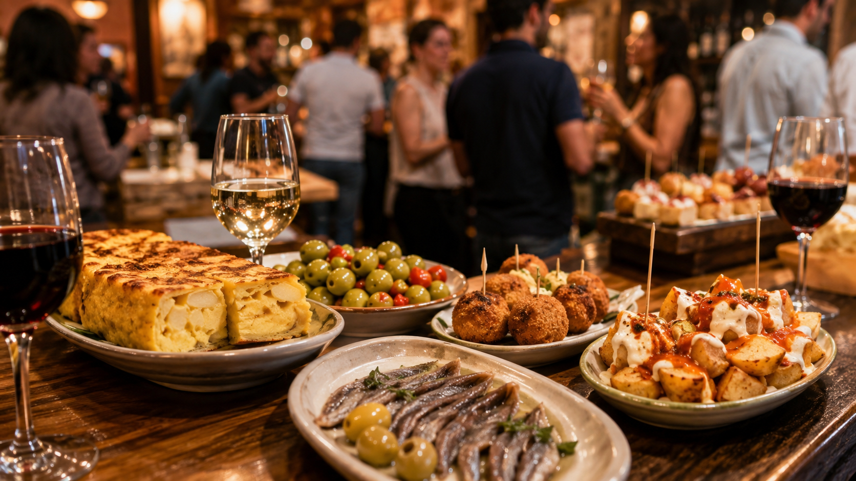 Tapas bar counter with small Spanish plates and people socializing.