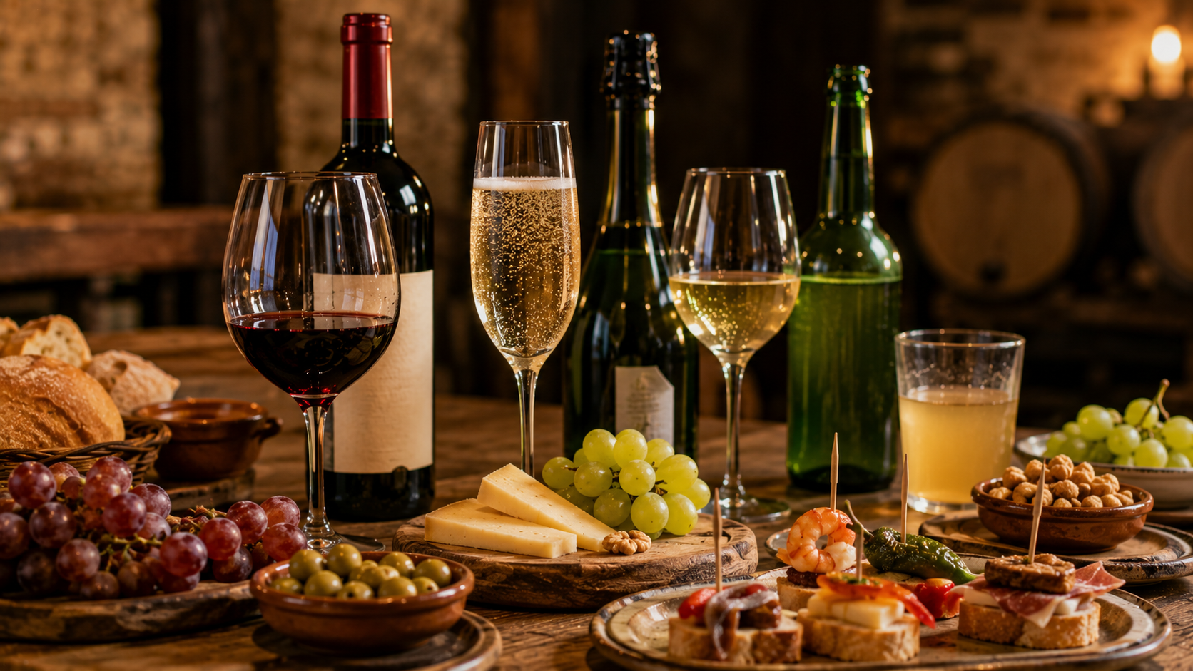 Spanish drinks table with Rioja wine, cava, Basque cider, tapas, and grapes.