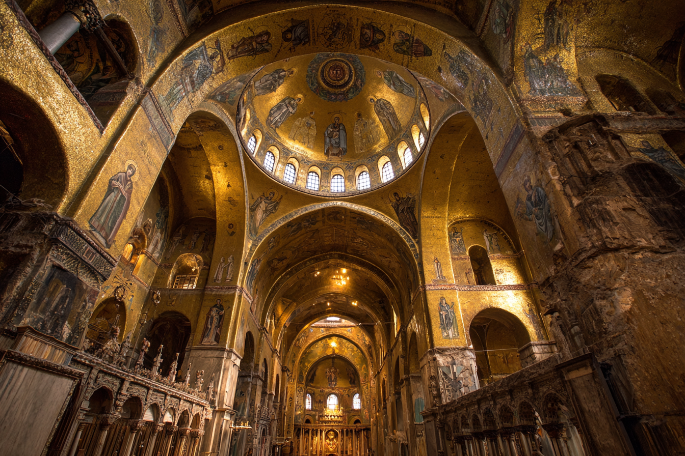 The golden Byzantine mosaic ceiling inside St. Mark's Basilica in Venice.