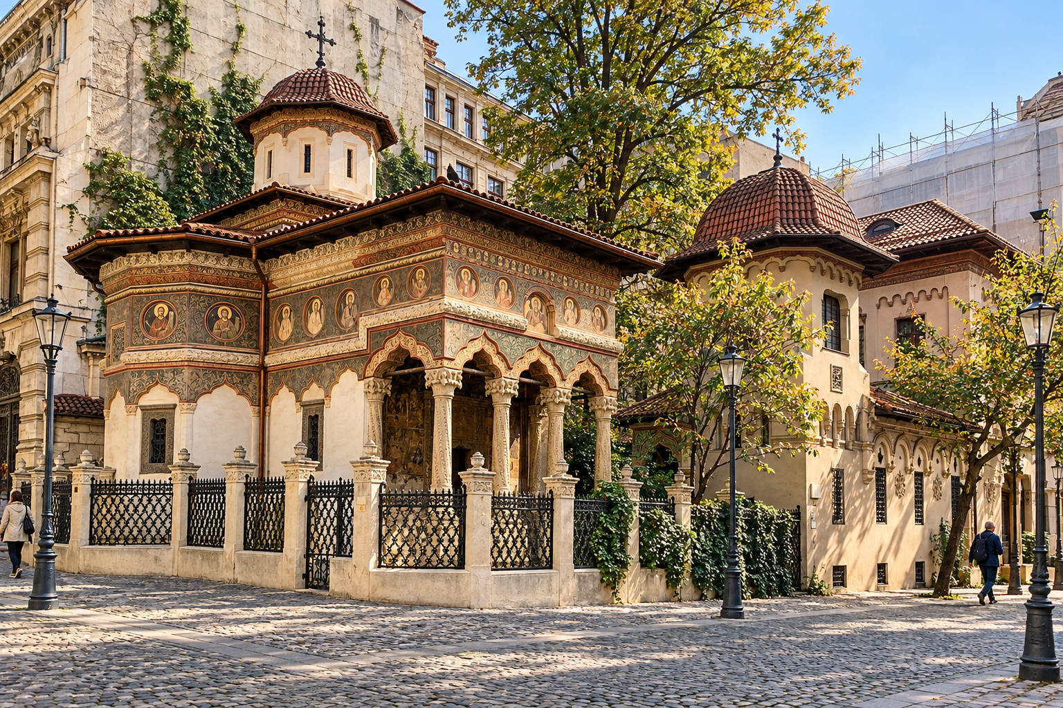 Illustration of the church and courtyard at Stavropoleos Monastery