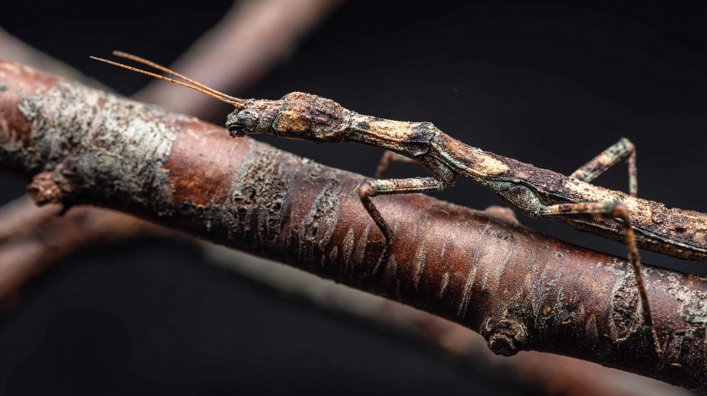 Close-up of a stick insect camouflaged among twigs.