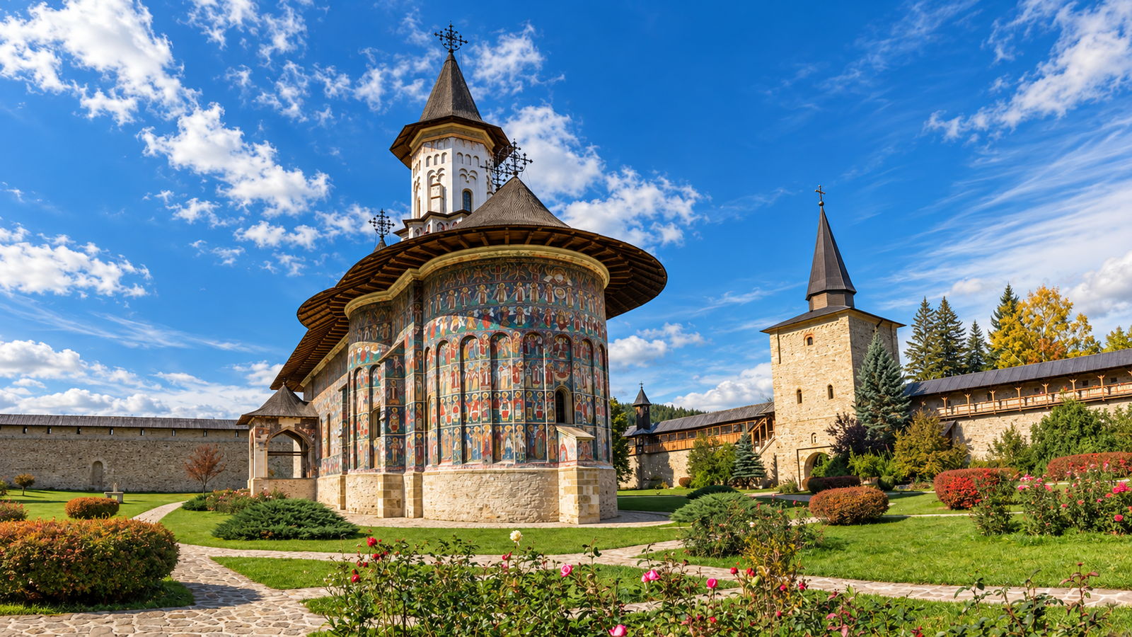 Church and defensive walls inside the Sucevița Monastery complex