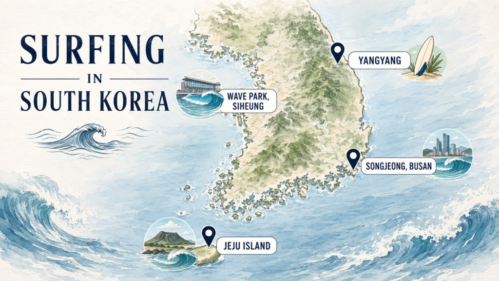 Surfing in South Korea map with Yangyang, Busan, Jeju and Siheung