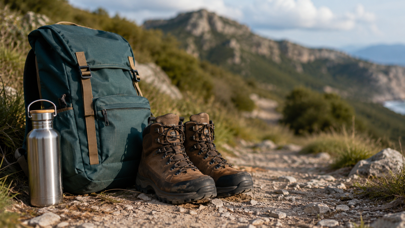 Reusable bottle and hiking gear beside a Spanish nature trail.