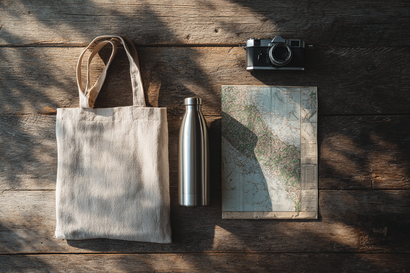 A flat lay photo of eco-travel essentials including a reusable water bottle, cloth tote bag, and a map, for an Italy packing list.