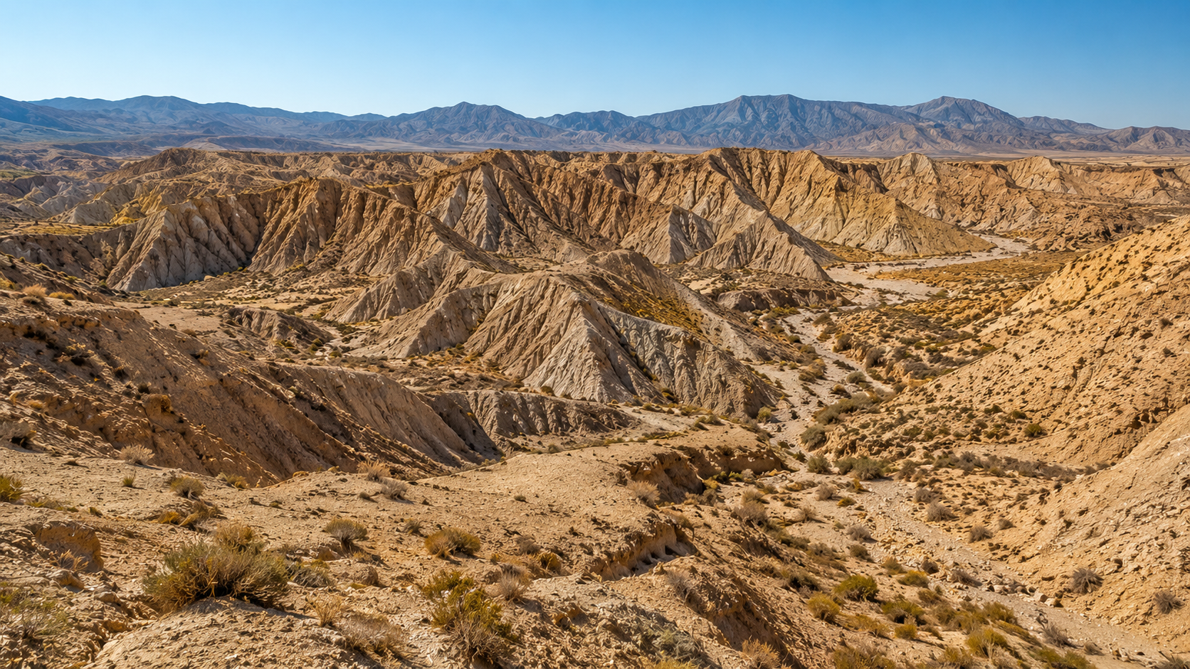 Eroded badlands and dry ravines in the Tabernas Desert in Spain.