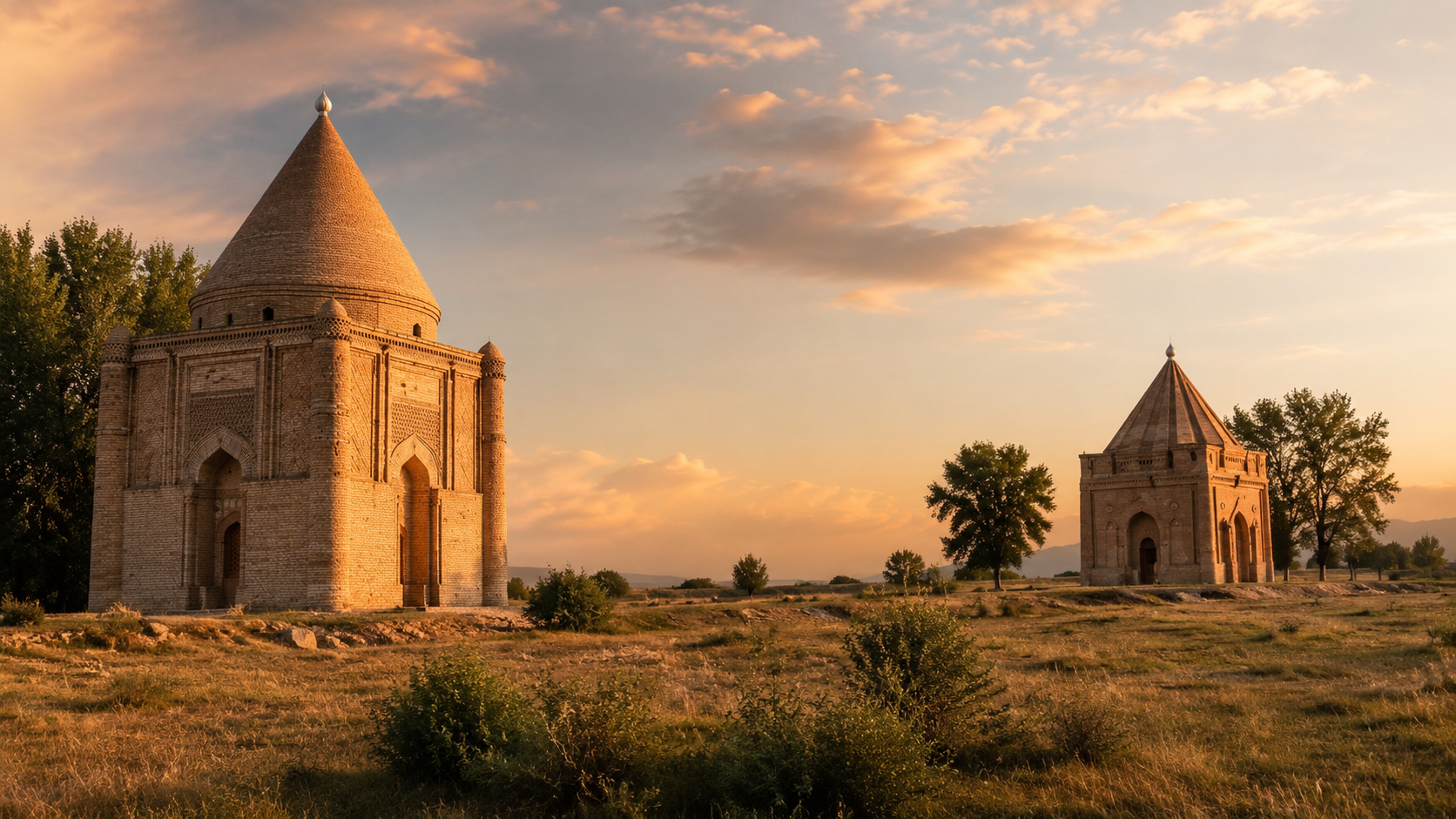 Medieval landscape near Taraz with mausoleum forms, dry grass, and warm sky.