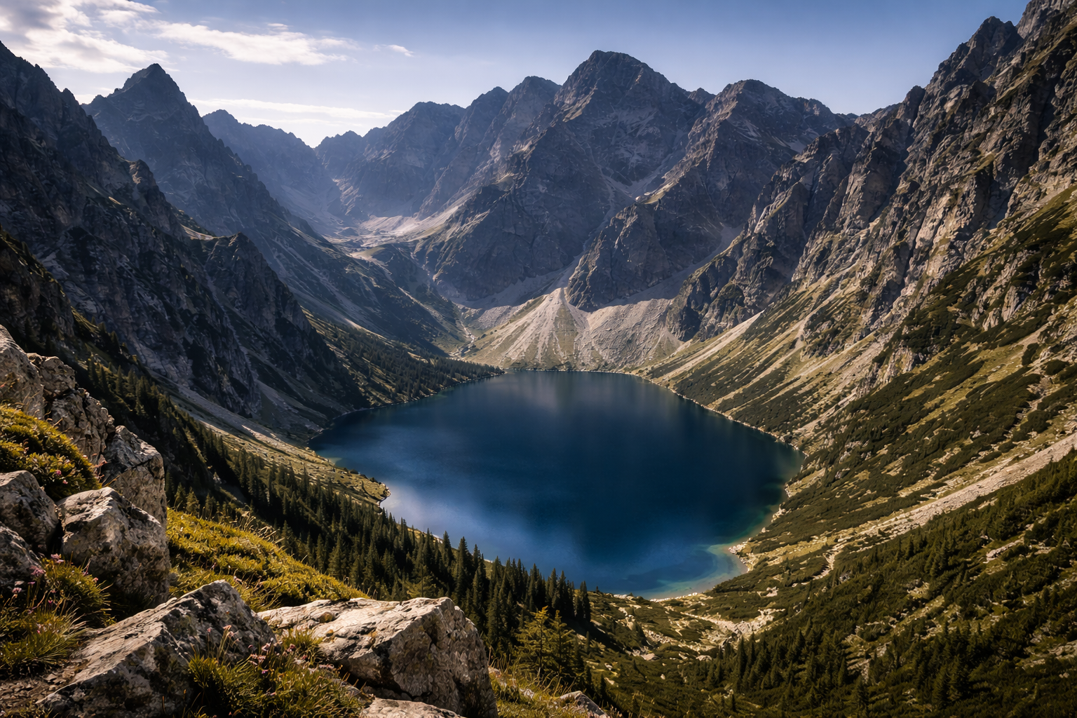 Wide dramatic view of the Tatra Mountains with rocky ridges and a glacial lake.